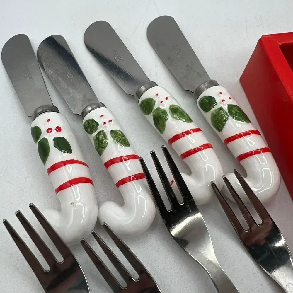 12 Vtg Ceramic Candy Cane Spreaders Appetizer Forks Spoons Condiments Stainless